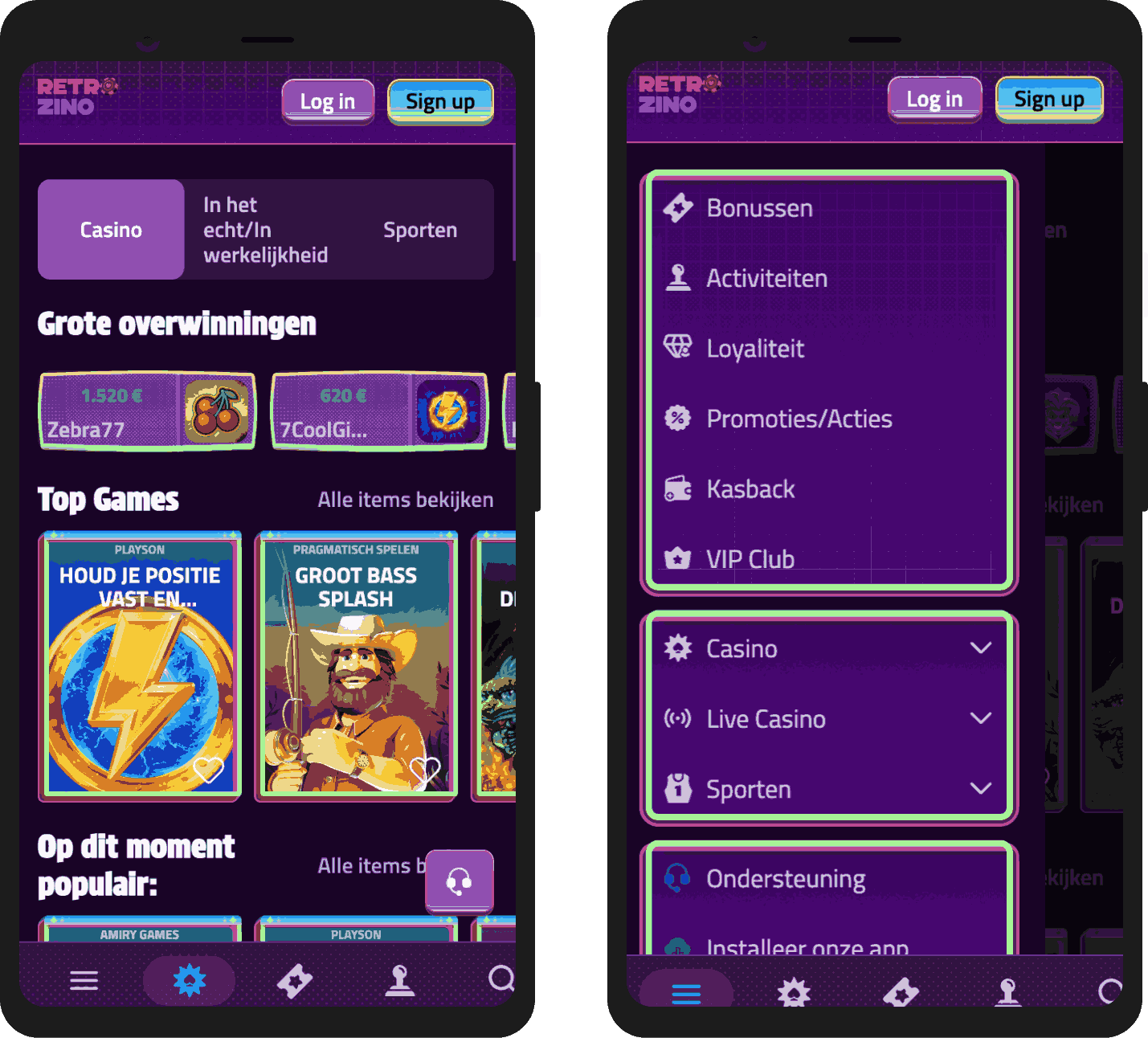 Retrozino Casino mobiele website interface op een smartphone scherm